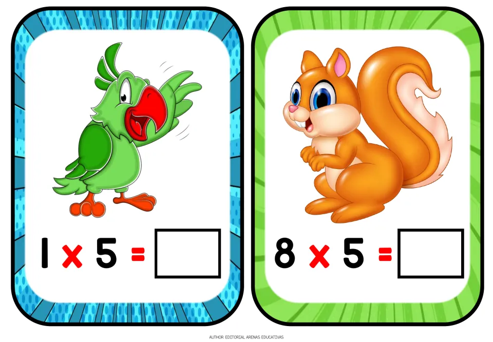 Multiplication flashcards 11–12 of 12: a parrot with 1 × 5 and a squirrel with 8 × 5, both unanswered