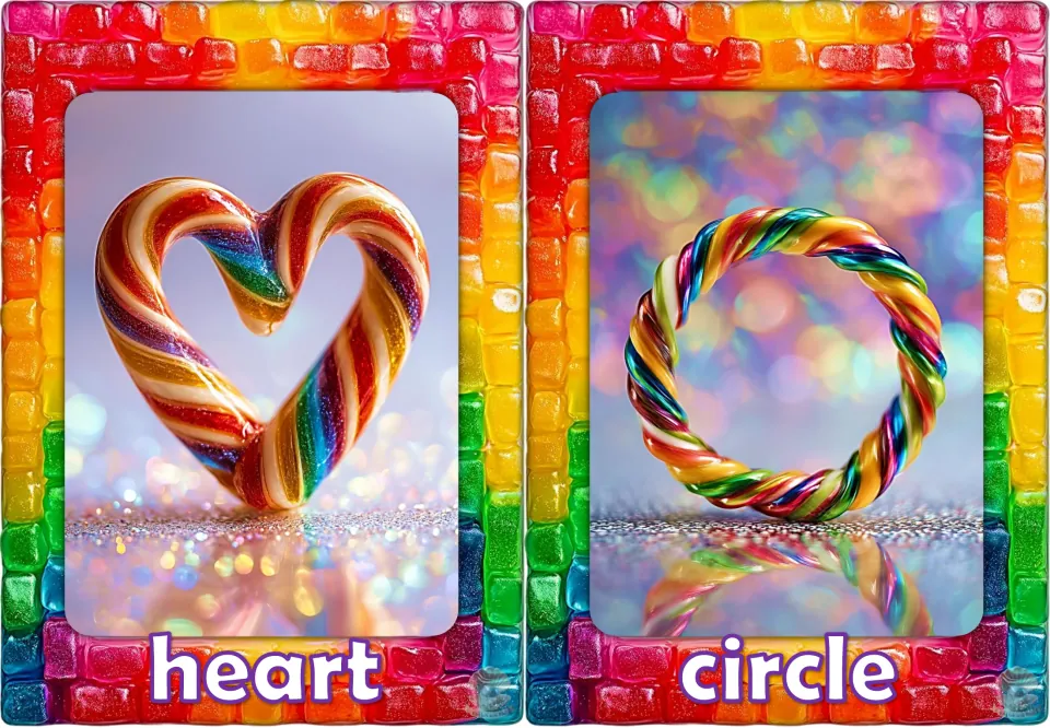 Shape vocabulary flashcards 1–2 of 12: heart and circle, each shown as a candy-style shape with its name