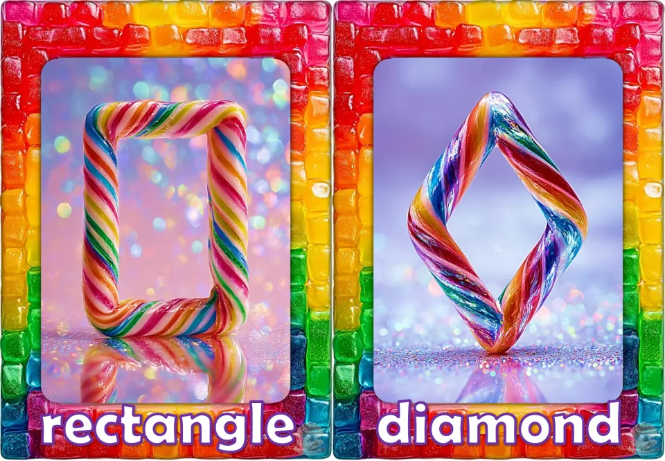 Shape vocabulary flashcards 3–4 of 12: rectangle and diamond, shown as candy-style shapes with their names