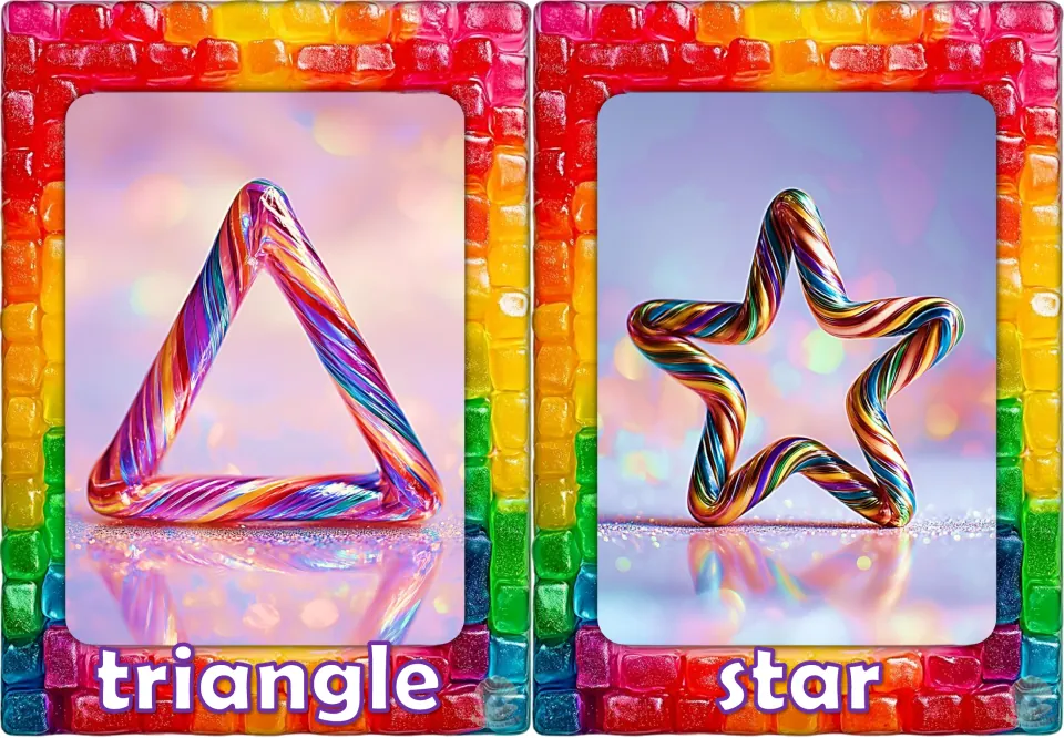 Shape vocabulary flashcards 5–6 of 12: triangle and star, each shown as a candy-style shape with its name
