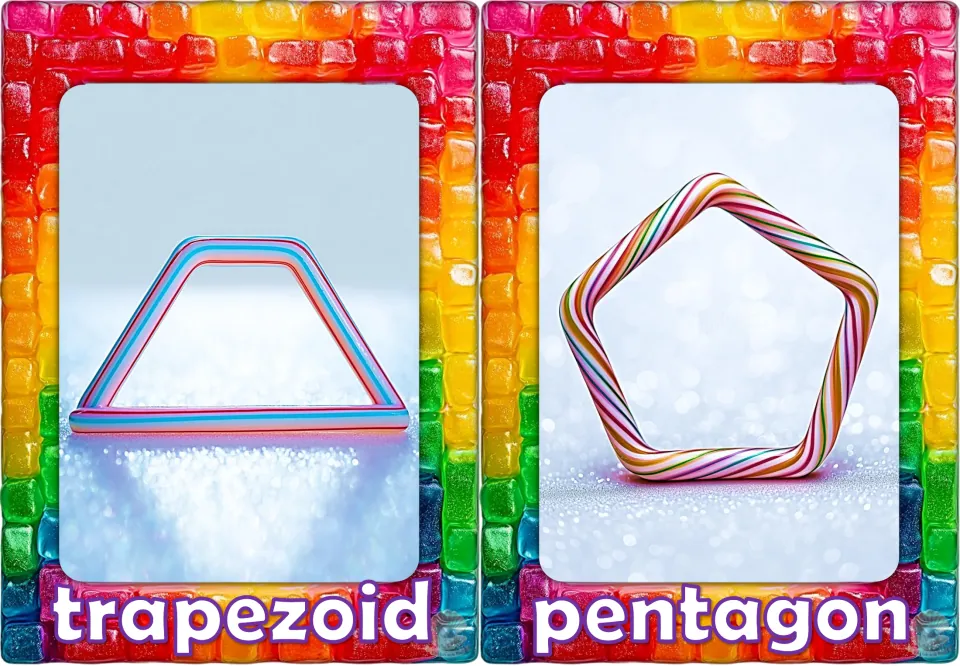 Shape vocabulary flashcards 7–8 of 12: trapezoid and pentagon, shown as candy-style shapes with their names