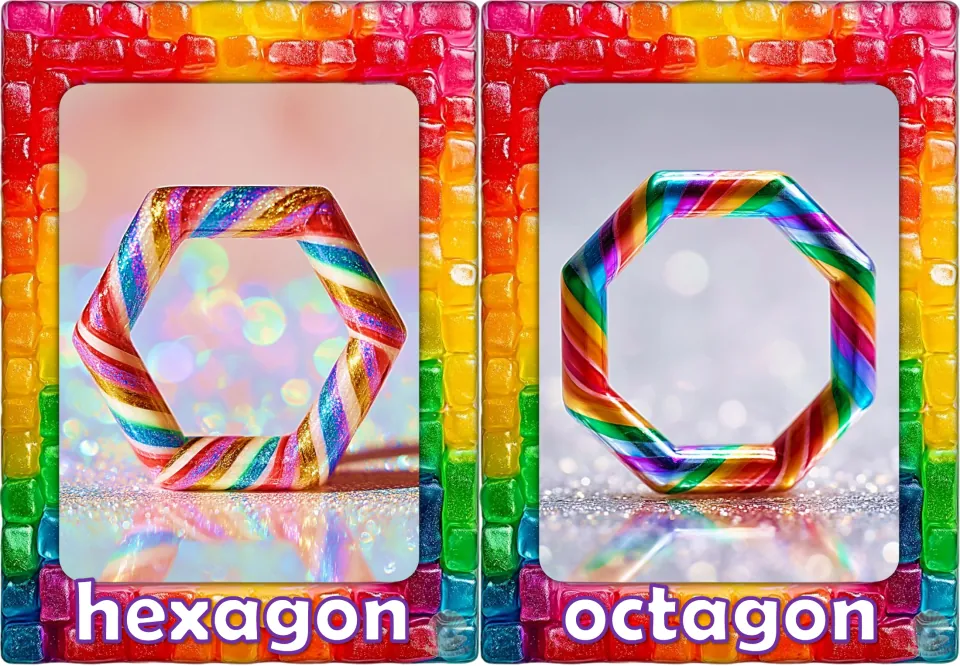 Shape vocabulary flashcards 9–10 of 12: hexagon and octagon, shown as candy-style shapes with their names