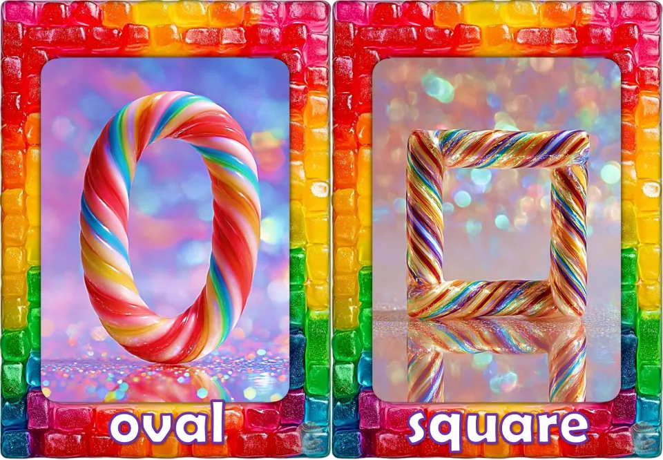 Shape vocabulary flashcards 11–12 of 12: oval and square, each shown as a candy-style shape with its name