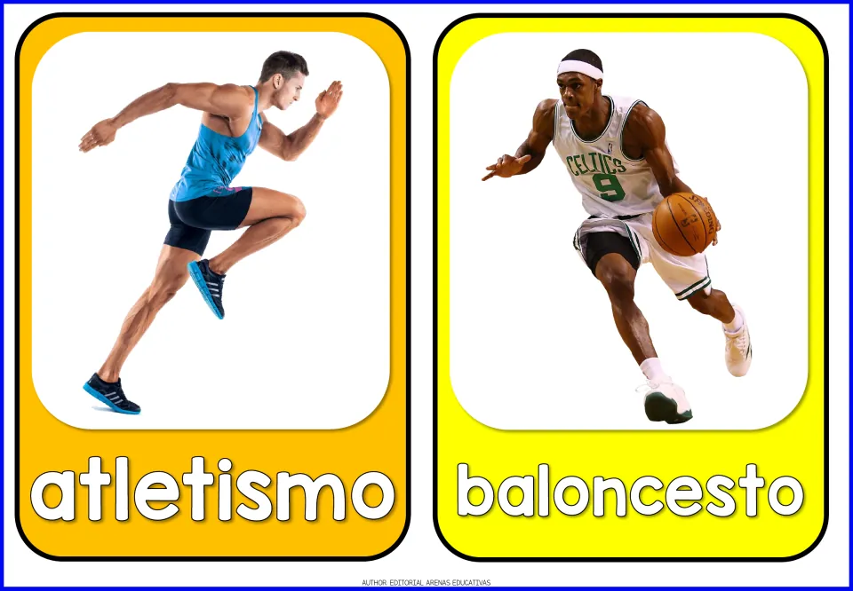 Spanish sports flashcards 1–2: atletismo (track and field) and baloncesto (basketball), with athlete photos