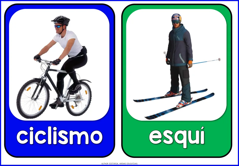 Spanish sports flashcards 3–4: ciclismo (cycling) and esquí (skiing), with photos of a cyclist and skier