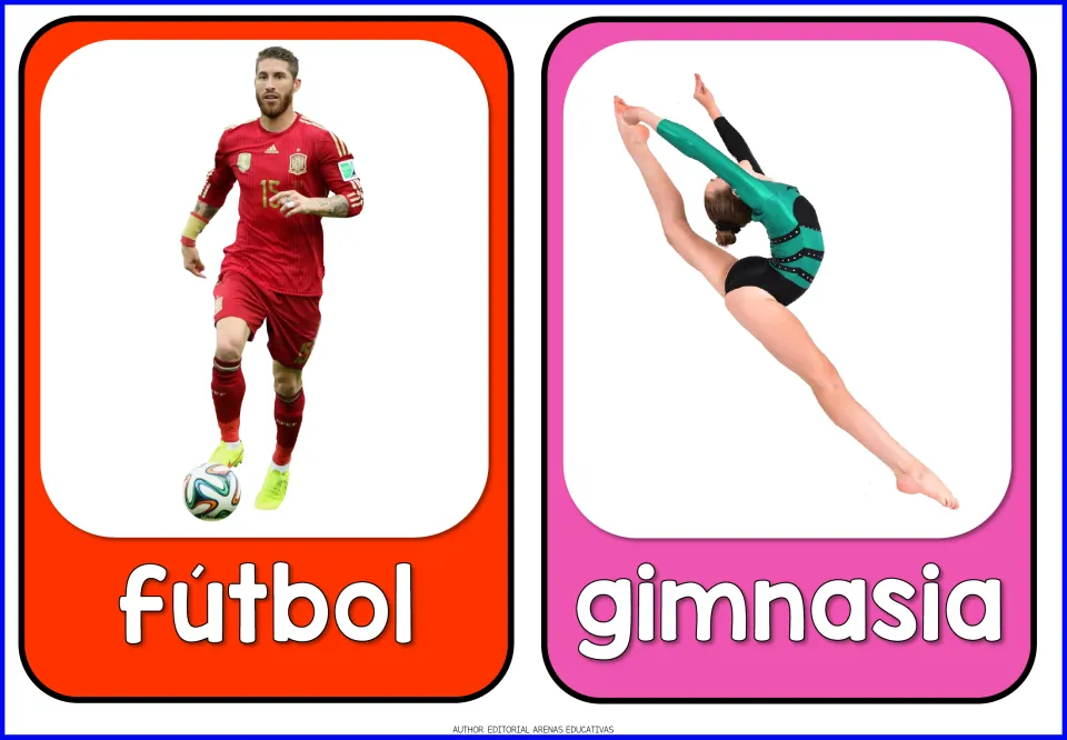 Spanish sports flashcards 5–6: fútbol (soccer) and gimnasia (gymnastics), with photos of athletes