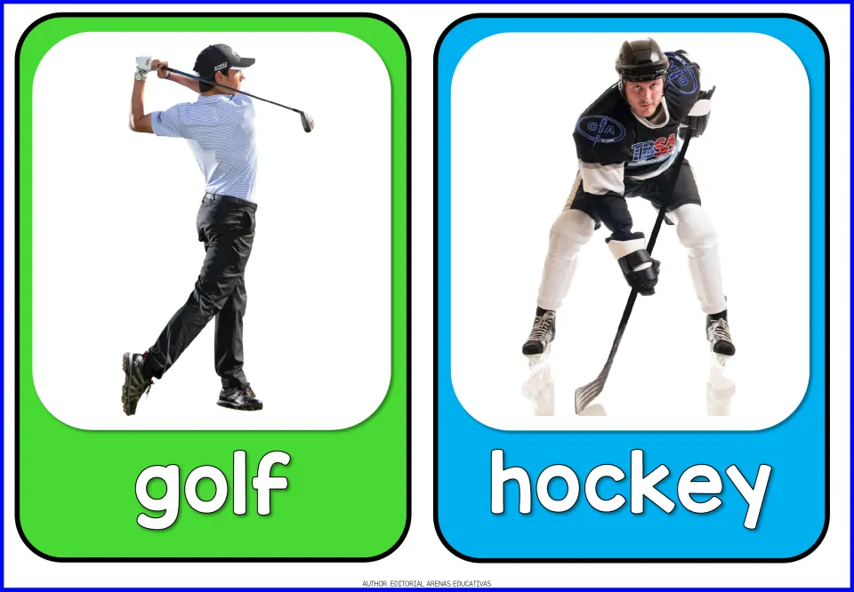 Spanish sports flashcards 7–8: golf (golf) and hockey (hockey), with photos of a golfer and ice hockey player