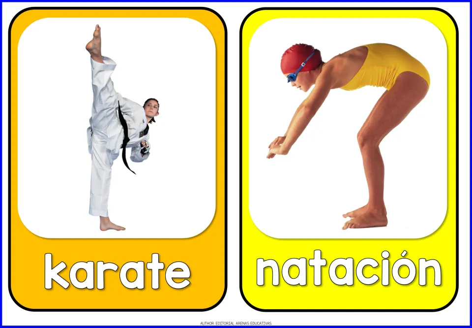 Spanish sports flashcards 9–10: karate (karate) and natación (swimming), with photos of athletes