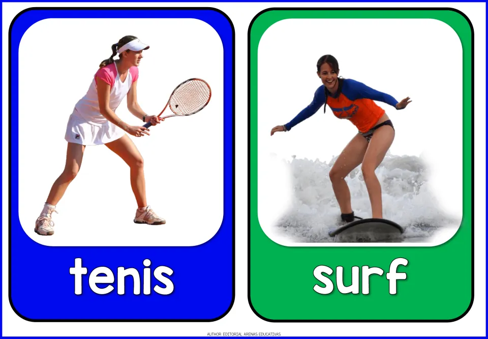 Spanish sports flashcards 11–12: tenis (tennis) and surf (surfing), with photos of a tennis player and surfer