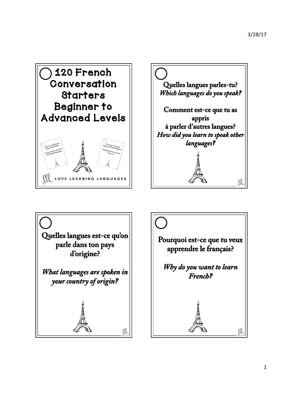Title card for 120 French conversation starters, plus question cards on languages spoken and why students learn French