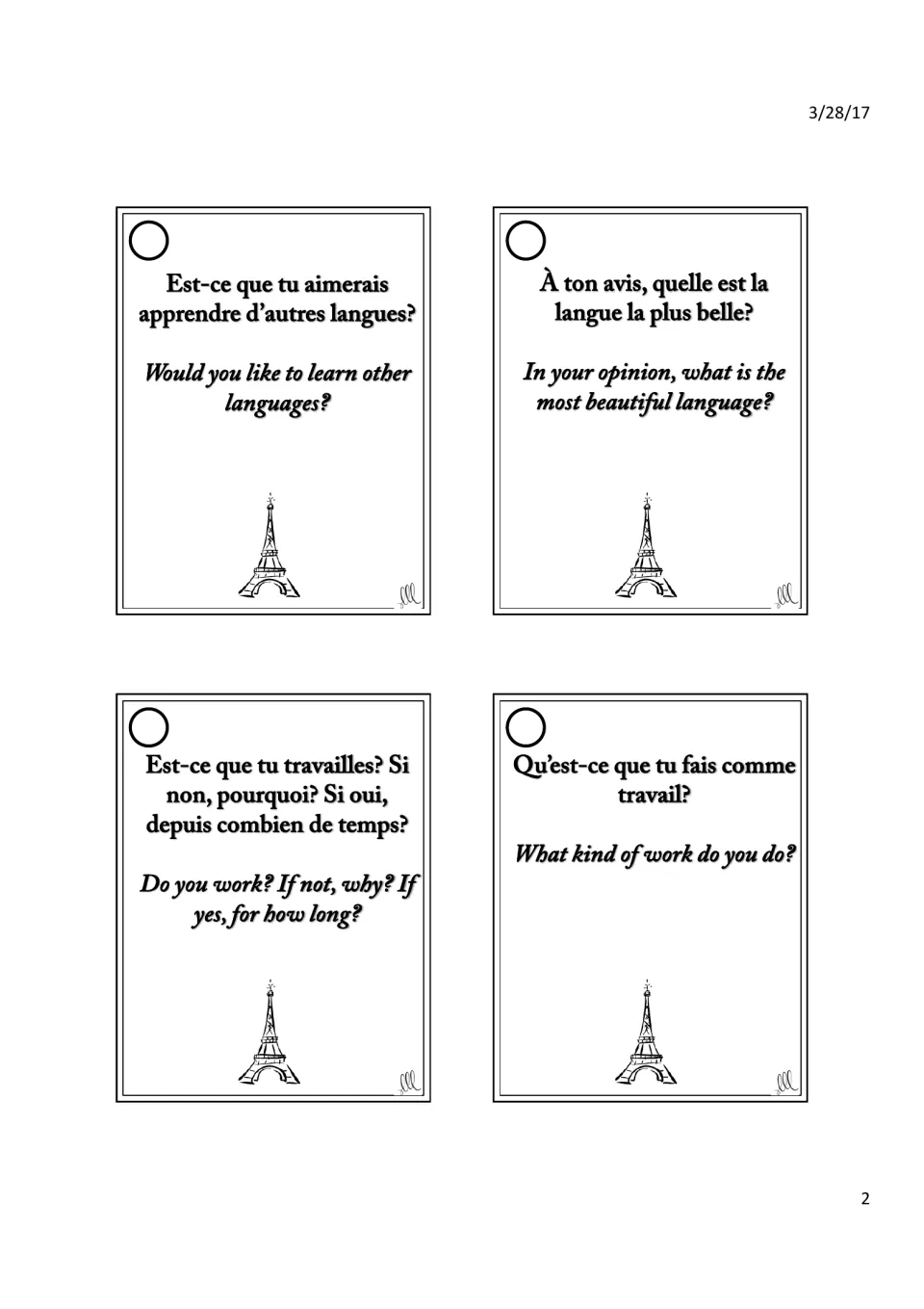 French speaking cards on languages and jobs: students answer questions like Est-ce que tu travailles? with English shown