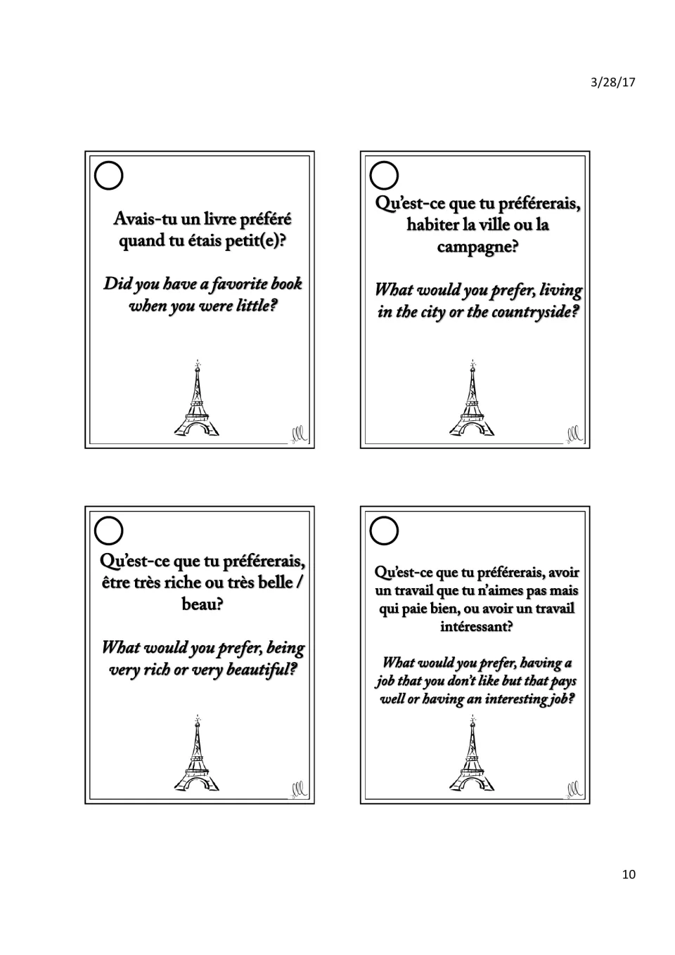 Would-you-rather cards in French: students pick city or countryside, rich or beautiful, and name a favorite childhood book
