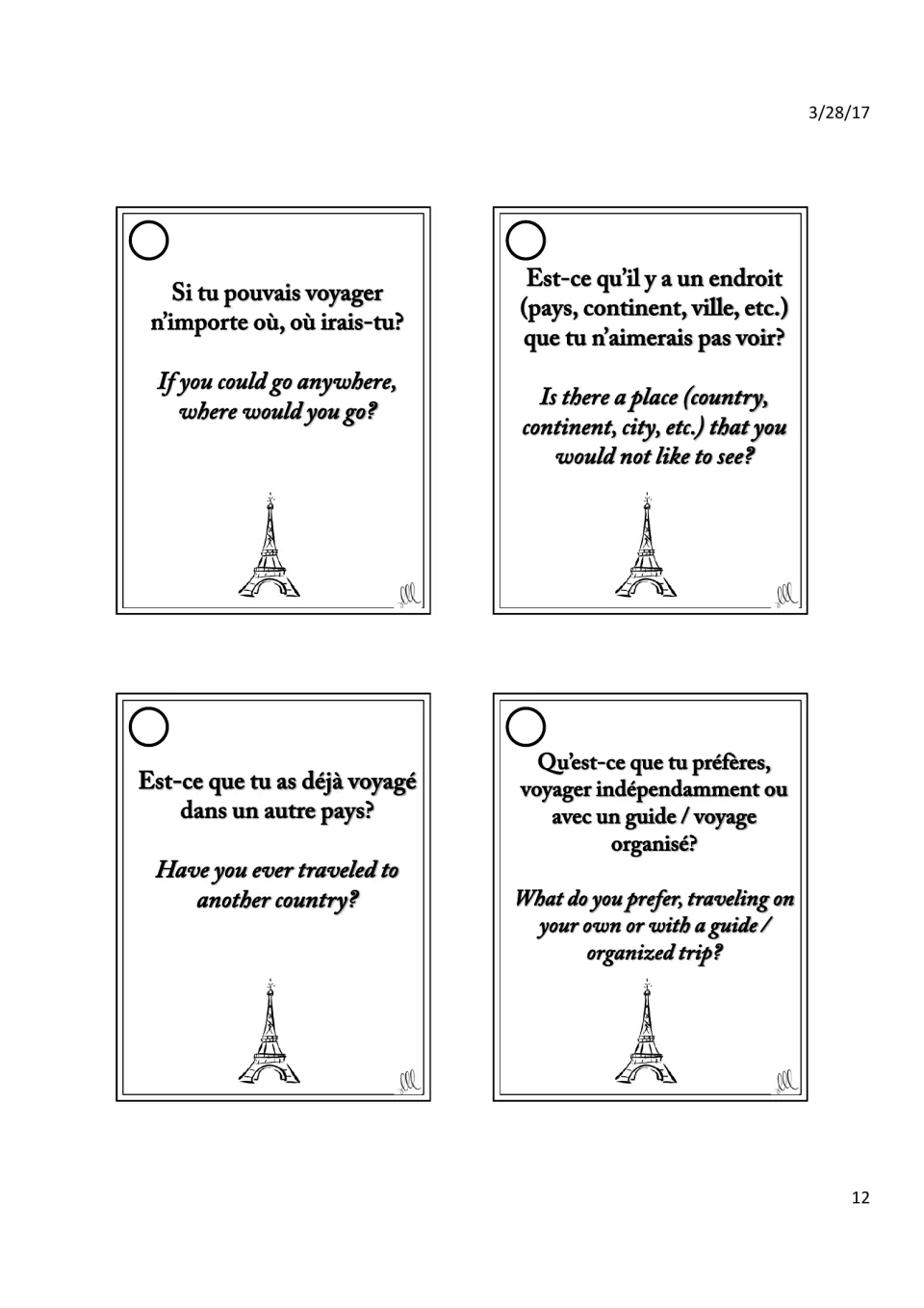 French travel question cards: students discuss dream destinations, places to avoid, trips abroad and guided vs. solo travel