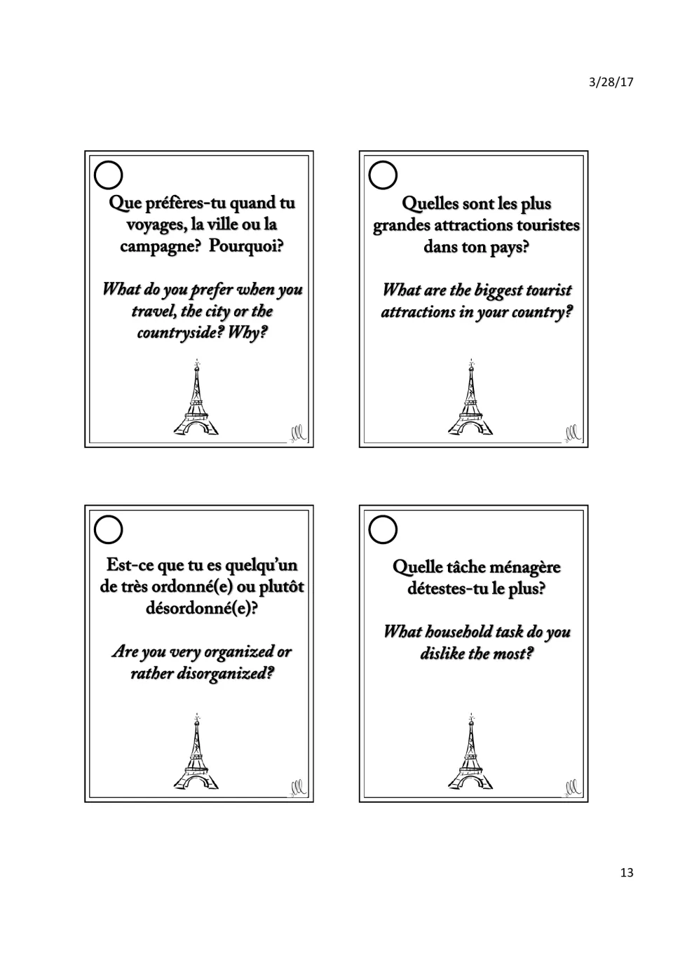 French cards on tourism and home life: students discuss tourist sites, travel preferences, tidiness and least-liked chores