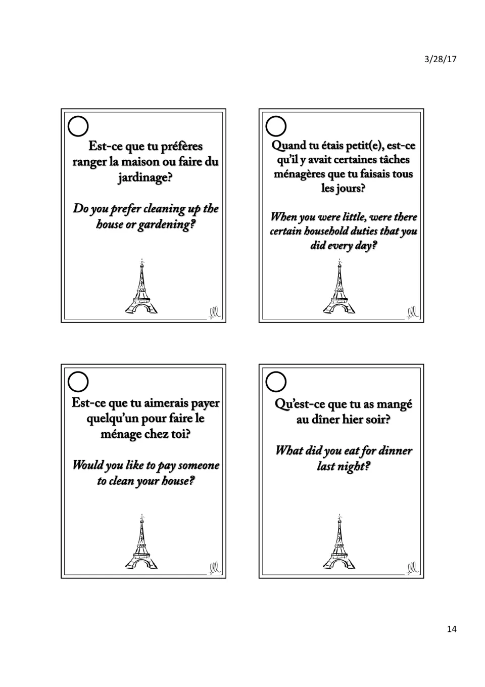 French chores cards: students compare tidying and gardening, recall childhood chores and say what they ate last night