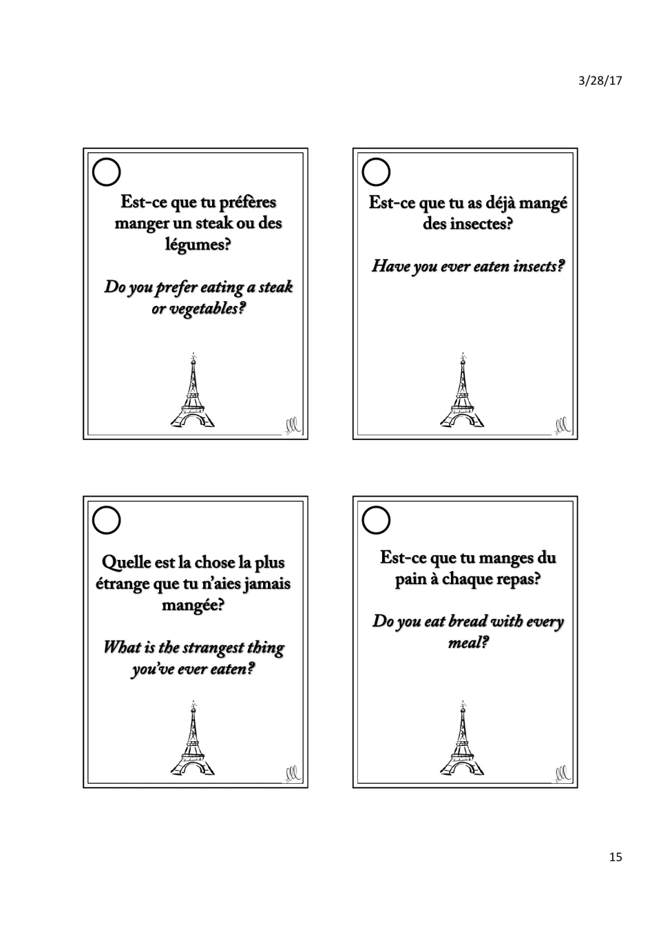 French food cards: students discuss steak or vegetables, eating insects, the strangest food tried and bread at meals