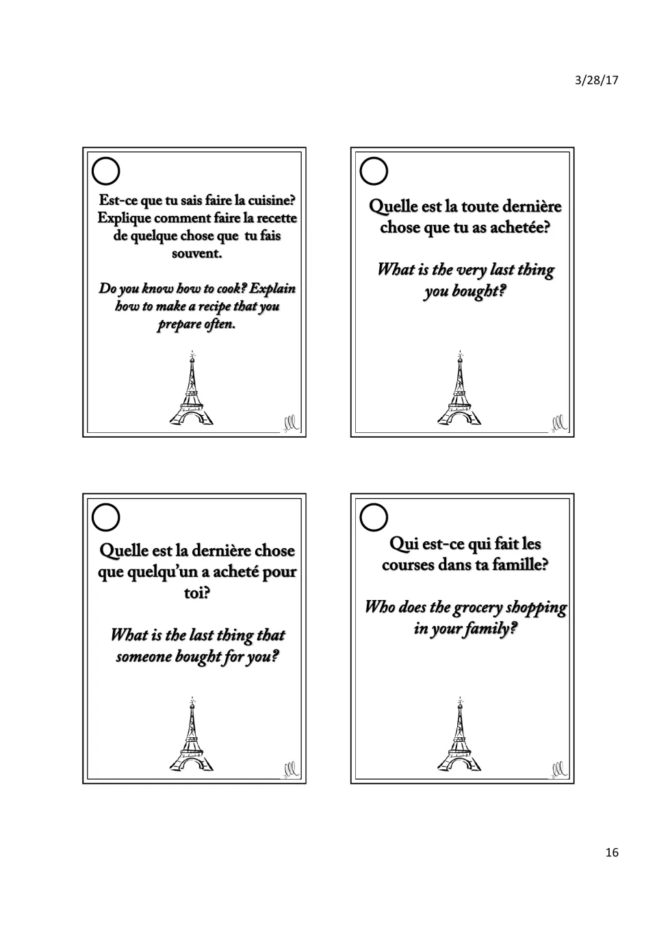 French cooking and shopping cards: students explain a recipe, name recent purchases and say who buys the family groceries