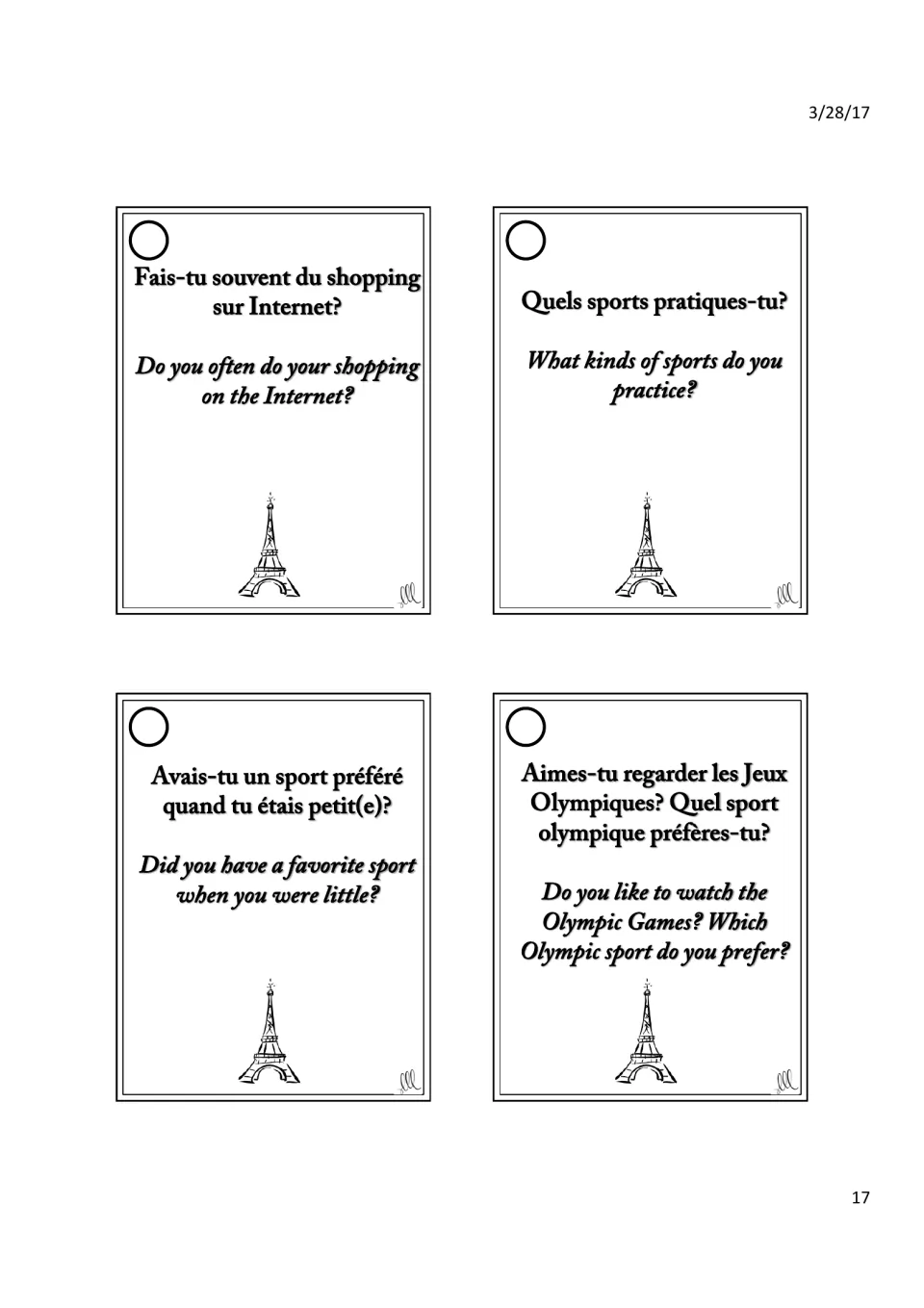 French shopping and sports cards: students discuss online shopping, sports they play, childhood sports and the Olympic Games