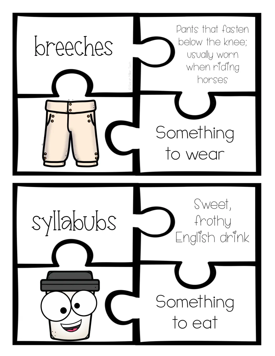 Colonial words breeches and syllabubs: students match each word to its meaning, picture and wear or eat category
