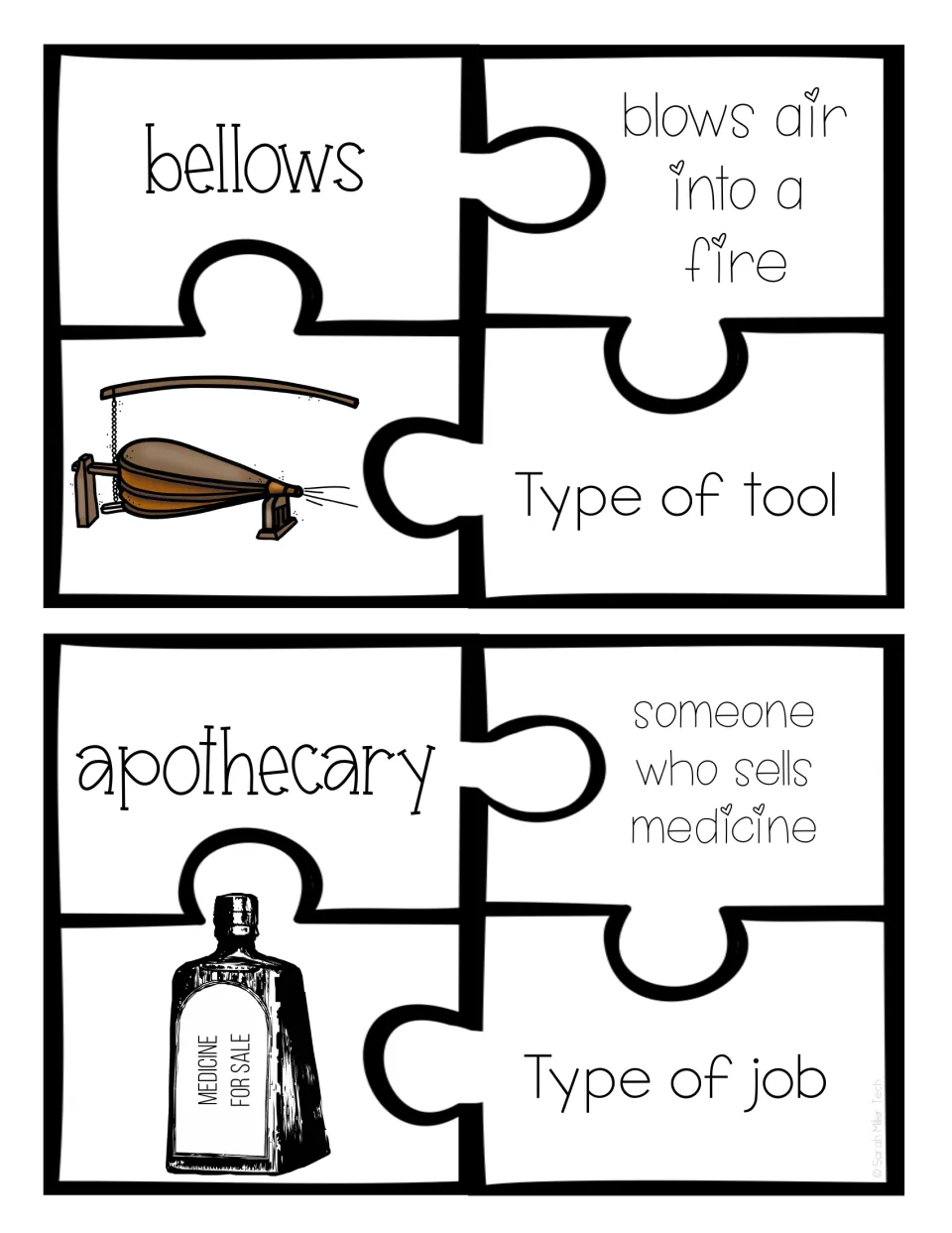 Colonial vocabulary bellows and apothecary: students join word, meaning, picture and tool or job category pieces