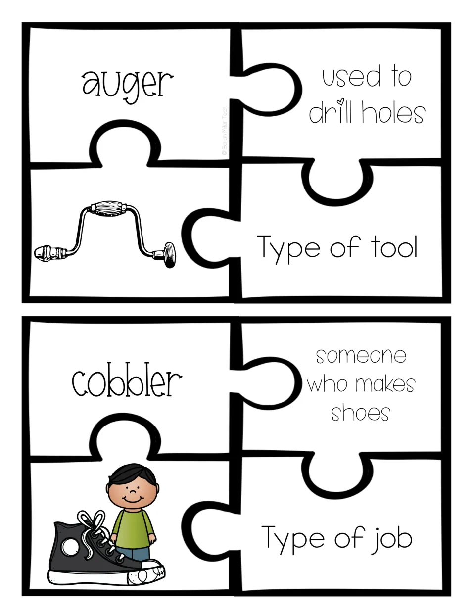 Colonial terms auger and cobbler: students match each word to its definition, drawing and tool or job label