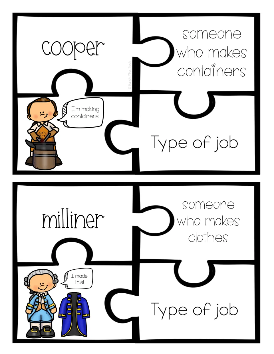 Colonial trades cooper and milliner: students match each job name to its meaning, a worker picture and Type of job
