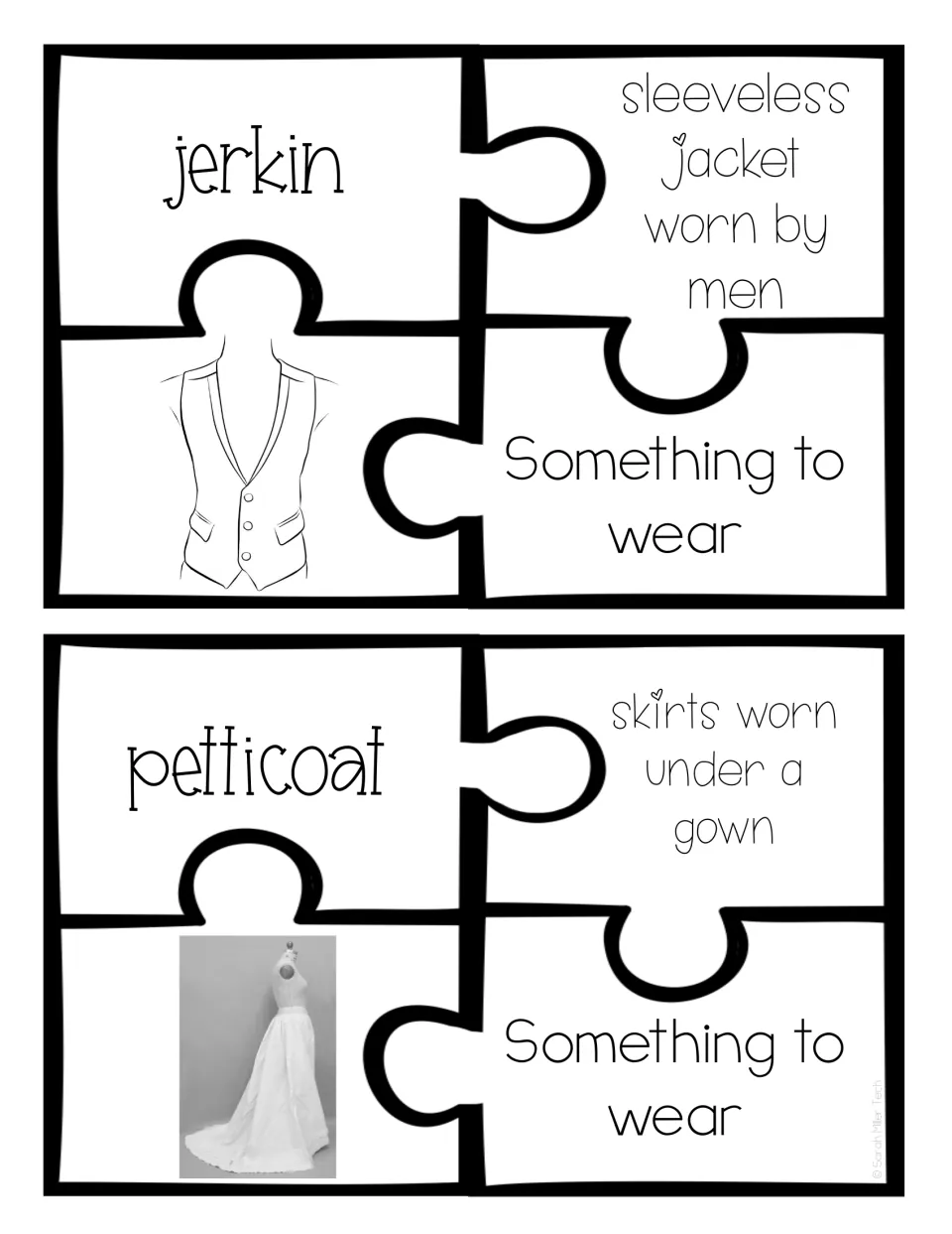 Colonial clothing jerkin and petticoat: students match sleeveless jacket and under-gown skirt meanings to each word