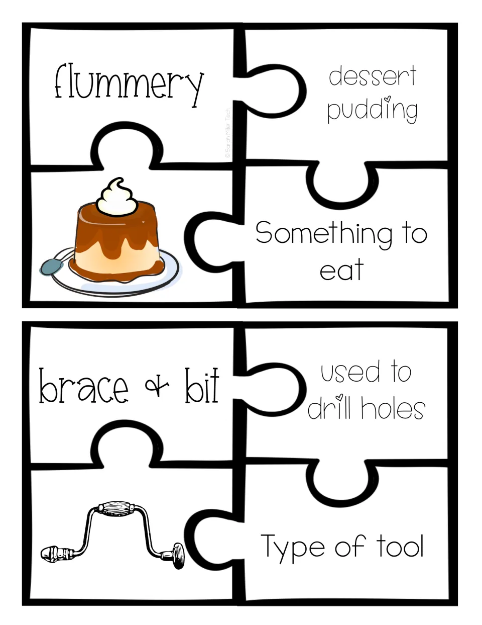 Colonial words flummery and brace & bit: students link a dessert pudding and a hole-drilling tool to their categories
