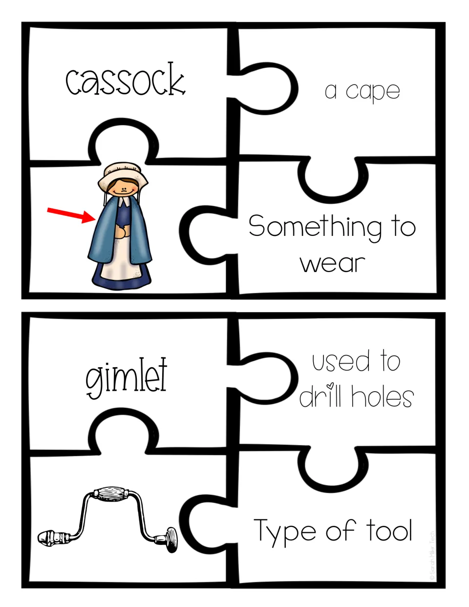 Colonial terms cassock and gimlet: students match a cape and a hole-drilling tool to their pictures and categories