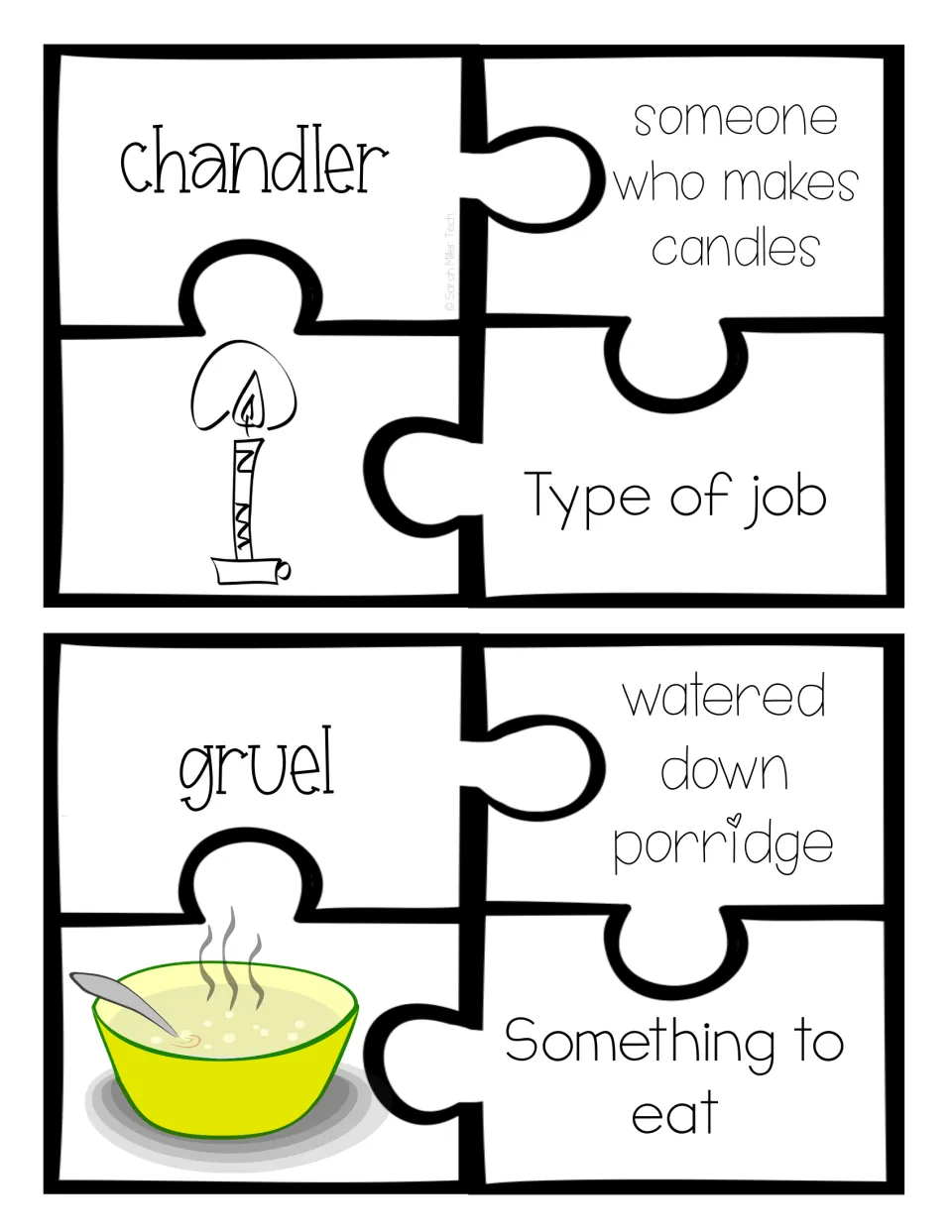 Colonial vocabulary chandler and gruel: students match candle maker and watered-down porridge to job or food labels