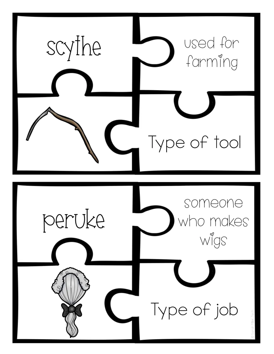 Colonial words scythe and peruke: students match a farming tool and a wig maker to their pictures and categories