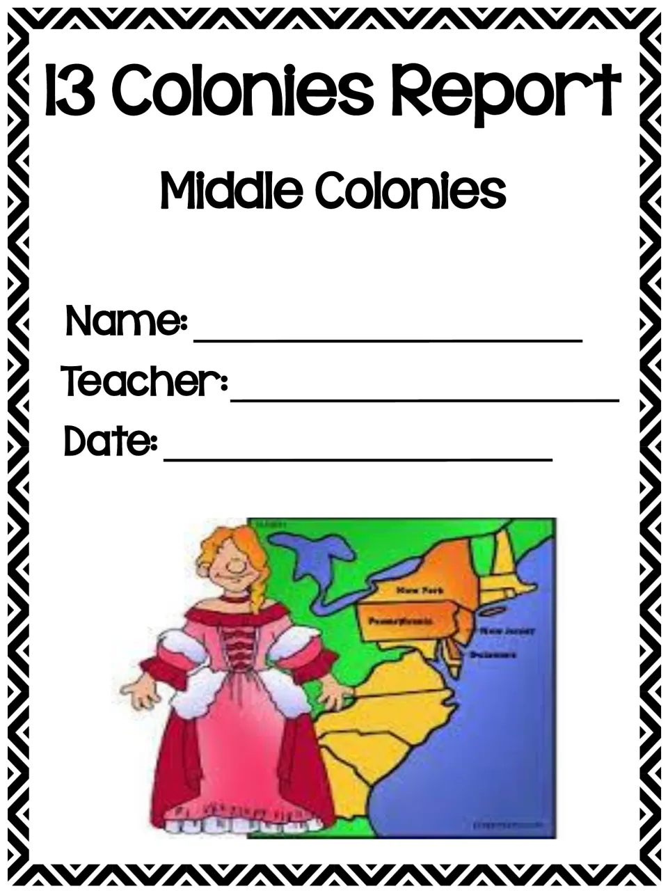 Middle Colonies report cover with name, teacher and date lines and a colonial woman by a map of New York, Pennsylvania