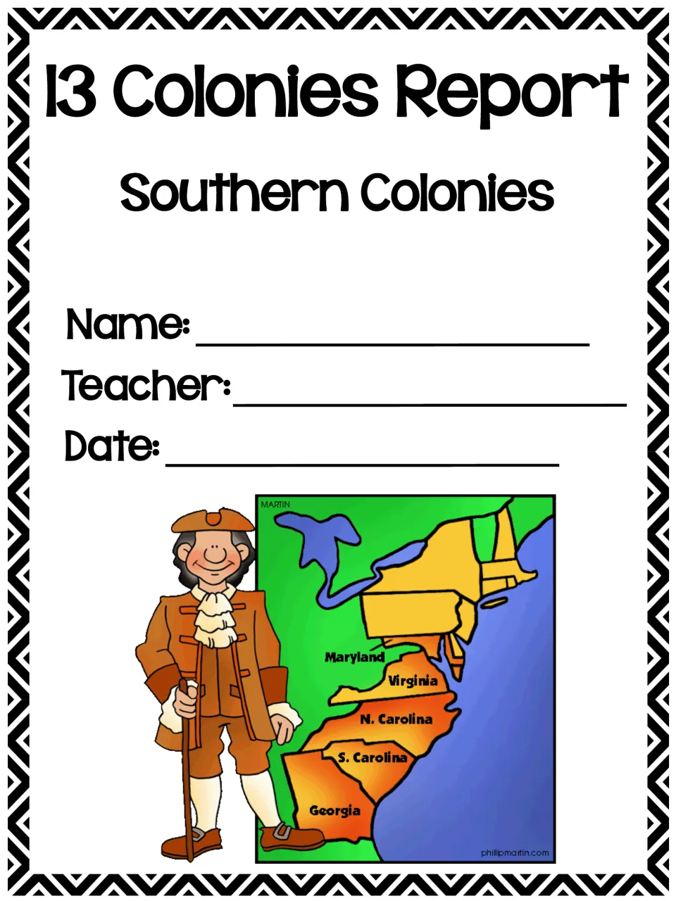 Southern Colonies report cover with name, teacher and date lines and a map from Maryland and Virginia to Georgia