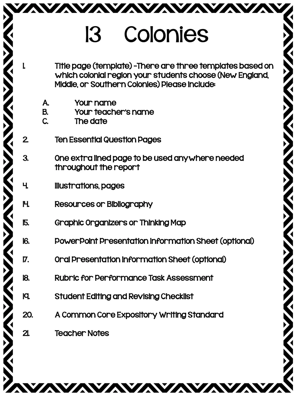 Report contents: title page templates, ten essential question pages, organizers, presentation sheets, rubric, checklist