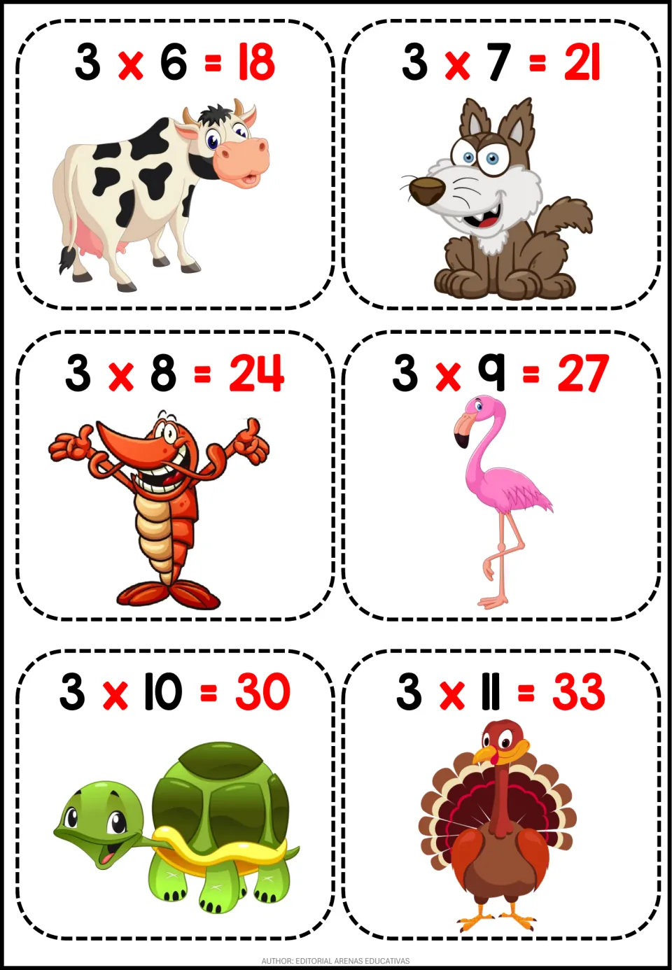 Multiplication flashcards 7–12: facts from 3 × 6 = 18 through 3 × 11 = 33, each paired with an animal picture