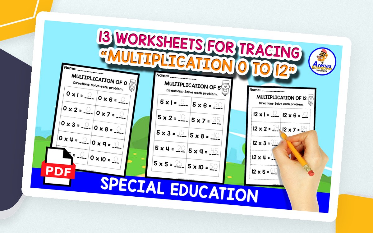Multiplication 0 to 12 first image with thirteen tracing worksheets and pencil-hand graphic