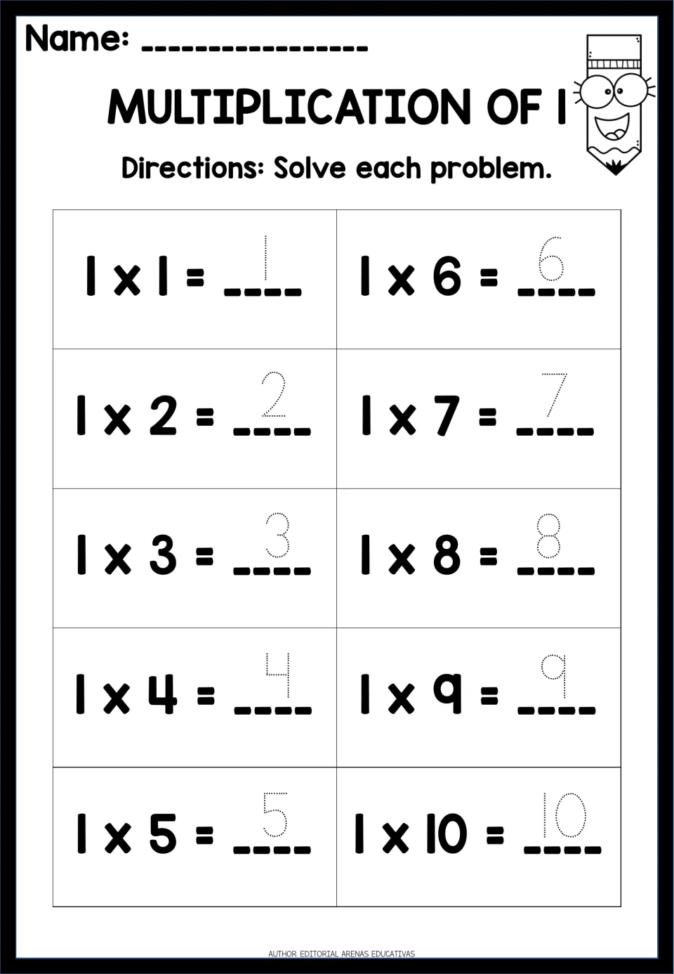 Multiplying by 1: students trace dotted products for 1 x 1 through 1 x 10, each answer matching the second factor