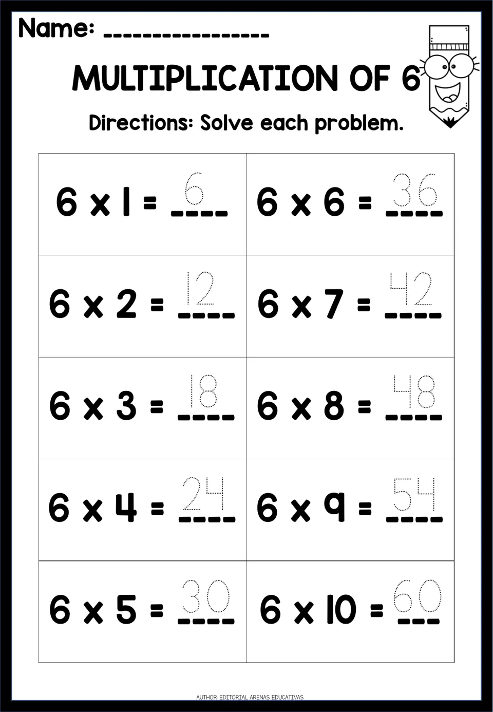 Six times table: students trace dotted answers 6 through 60 for facts 6 x 1 to 6 x 10, practising the 6s