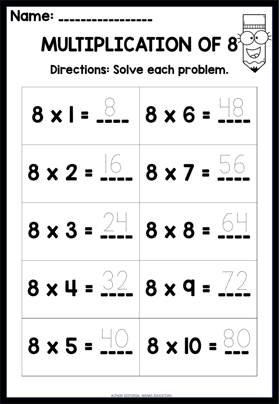 Eight times table: students trace dotted products 8 through 80 for 8 x 1 to 8 x 10, including 8 x 8 = 64