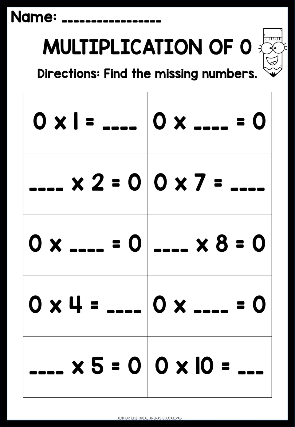 Multiplication of 0: students find the missing factor or product in 10 facts such as 0 x 7 and ___ x 8 = 0