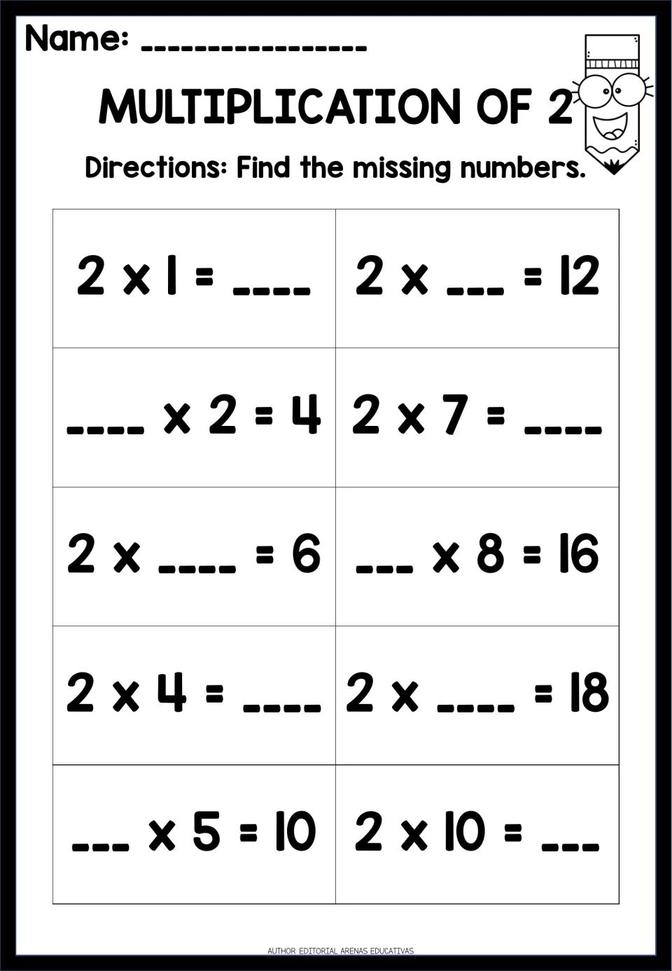 Multiplication of 2: students find the missing number in 10 facts, including 2 x ___ = 12 and ___ x 8 = 16