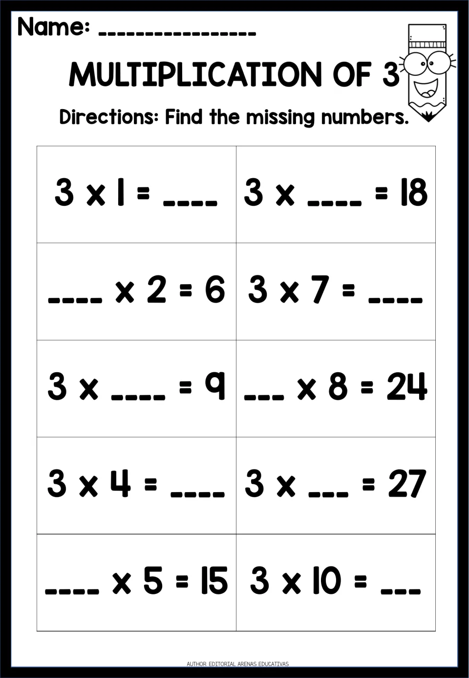 Multiplication of 3: students supply missing factors and products in 10 facts like 3 x ___ = 27 and 3 x 7