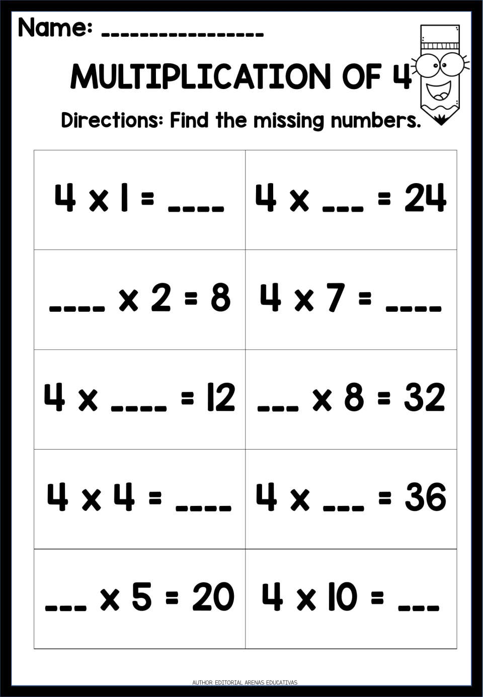 Multiplication of 4: students complete 10 facts with a missing number, such as 4 x ___ = 36 and ___ x 5 = 20