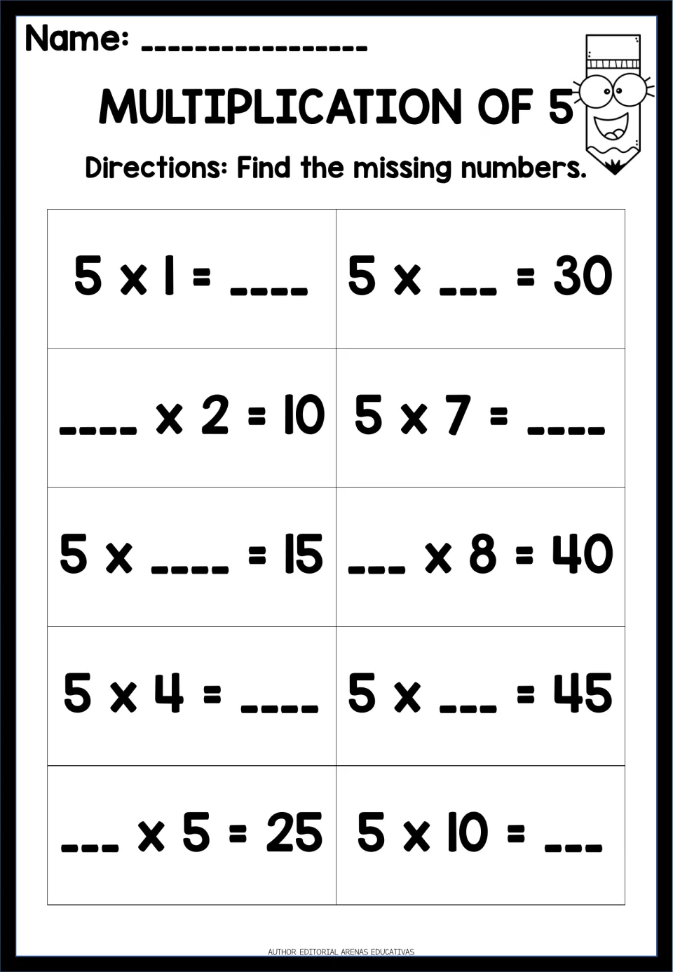 Multiplication of 5: students find missing factors and products in 10 facts, e.g. 5 x ___ = 45 and ___ x 8 = 40