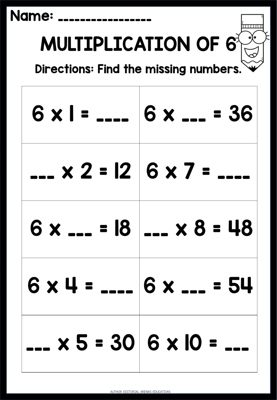 Multiplication of 6: students fill each blank in 10 facts, including 6 x ___ = 54, ___ x 2 = 12 and 6 x 7