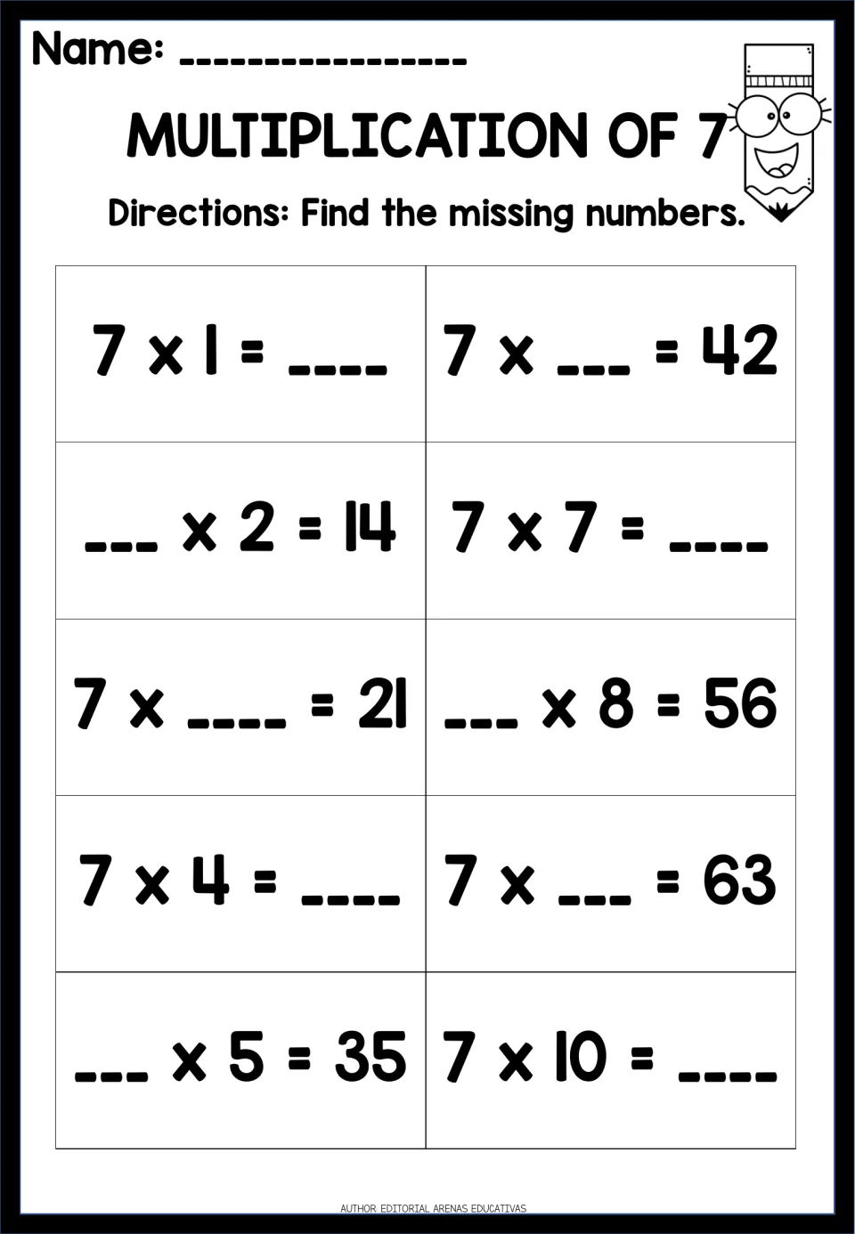 Multiplication of 7: students solve for the missing number in 10 facts such as 7 x ___ = 63 and ___ x 8 = 56