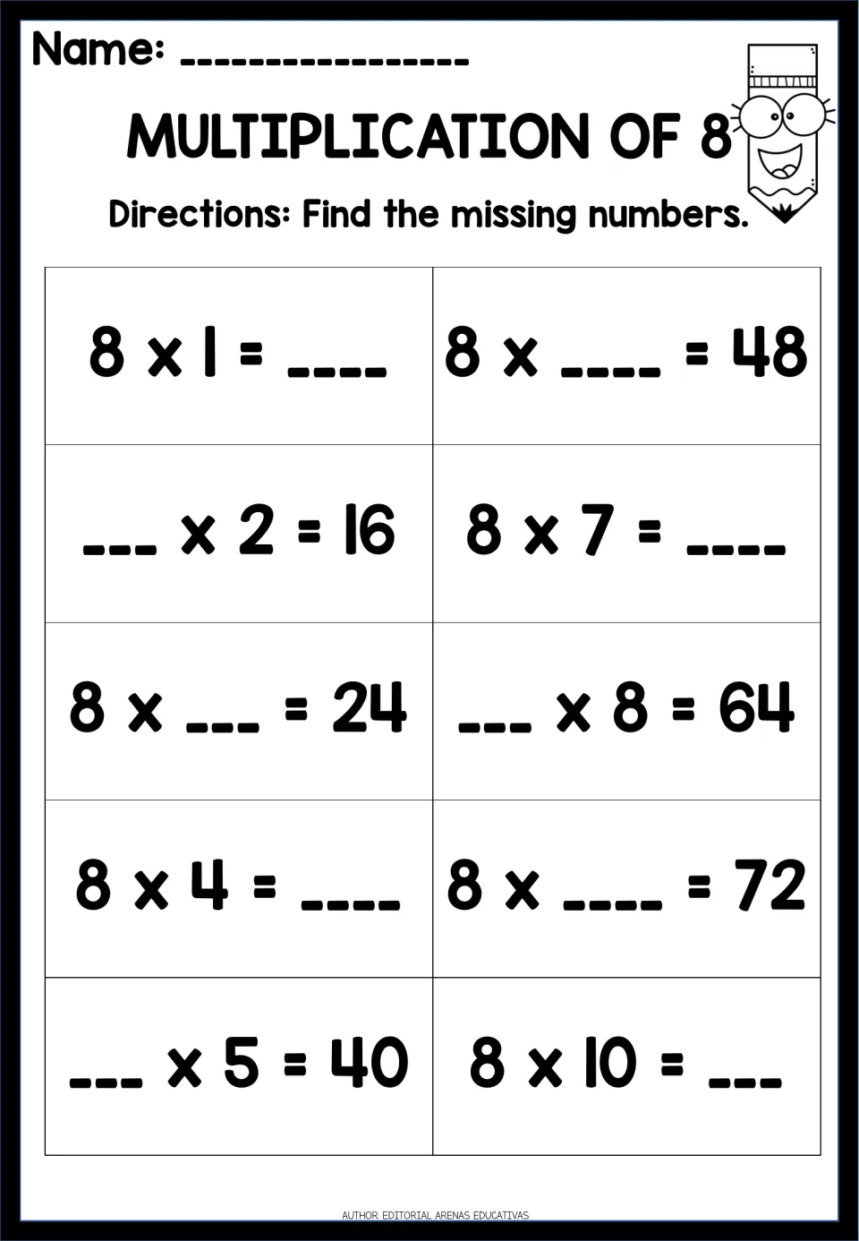 Multiplication of 8: students find the missing factor or product in 10 facts, e.g. 8 x ___ = 72 and 8 x 7