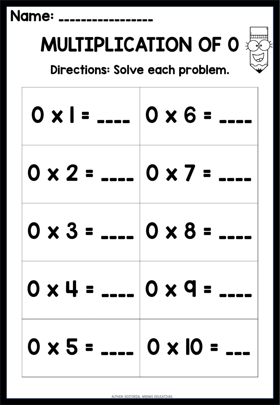 Multiplication of 0: students solve ten facts, 0 x 1 through 0 x 10, writing each product on the blank line