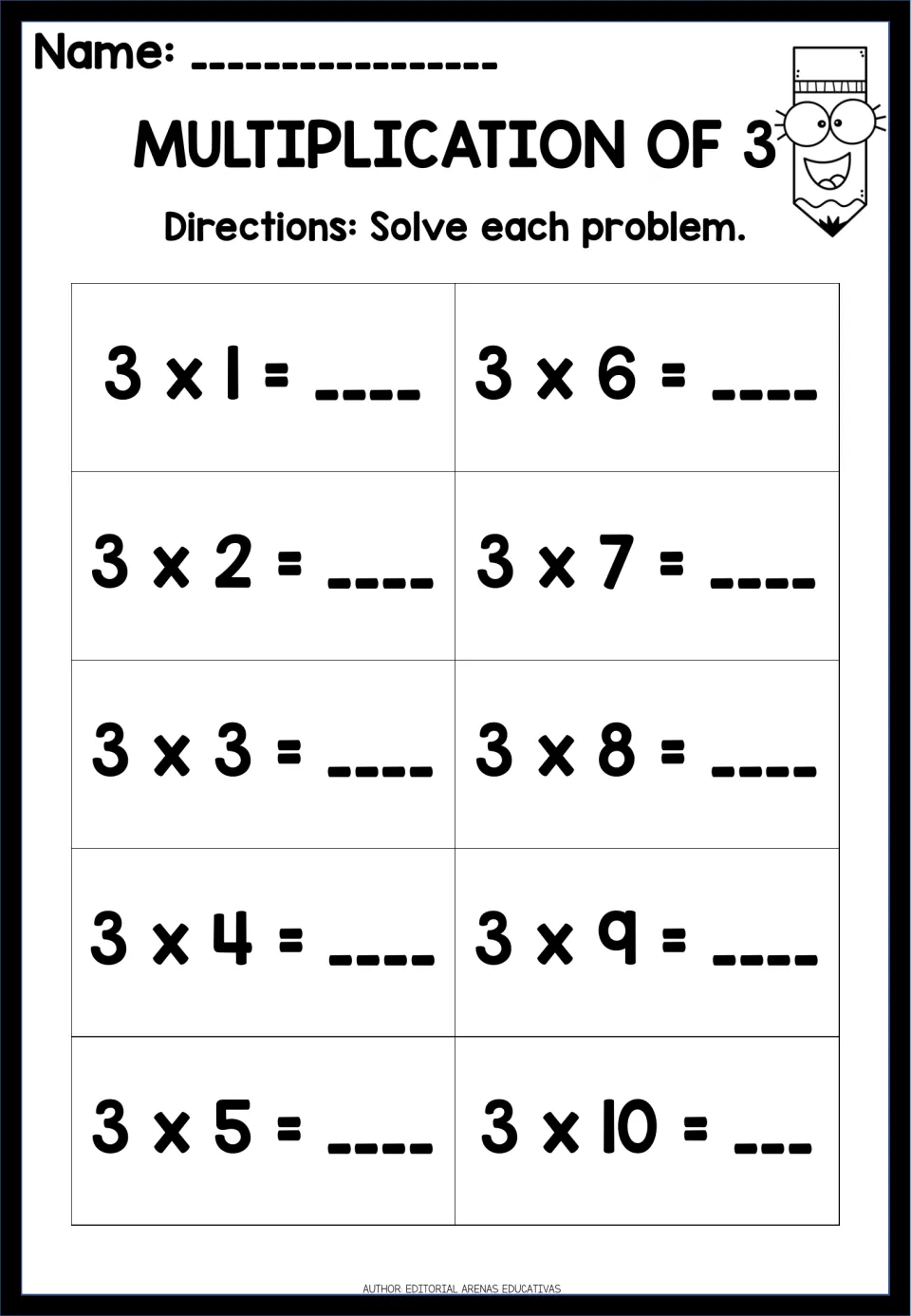 Multiplication of 3: students solve ten facts, 3 x 1 through 3 x 10, writing each product on the blank line