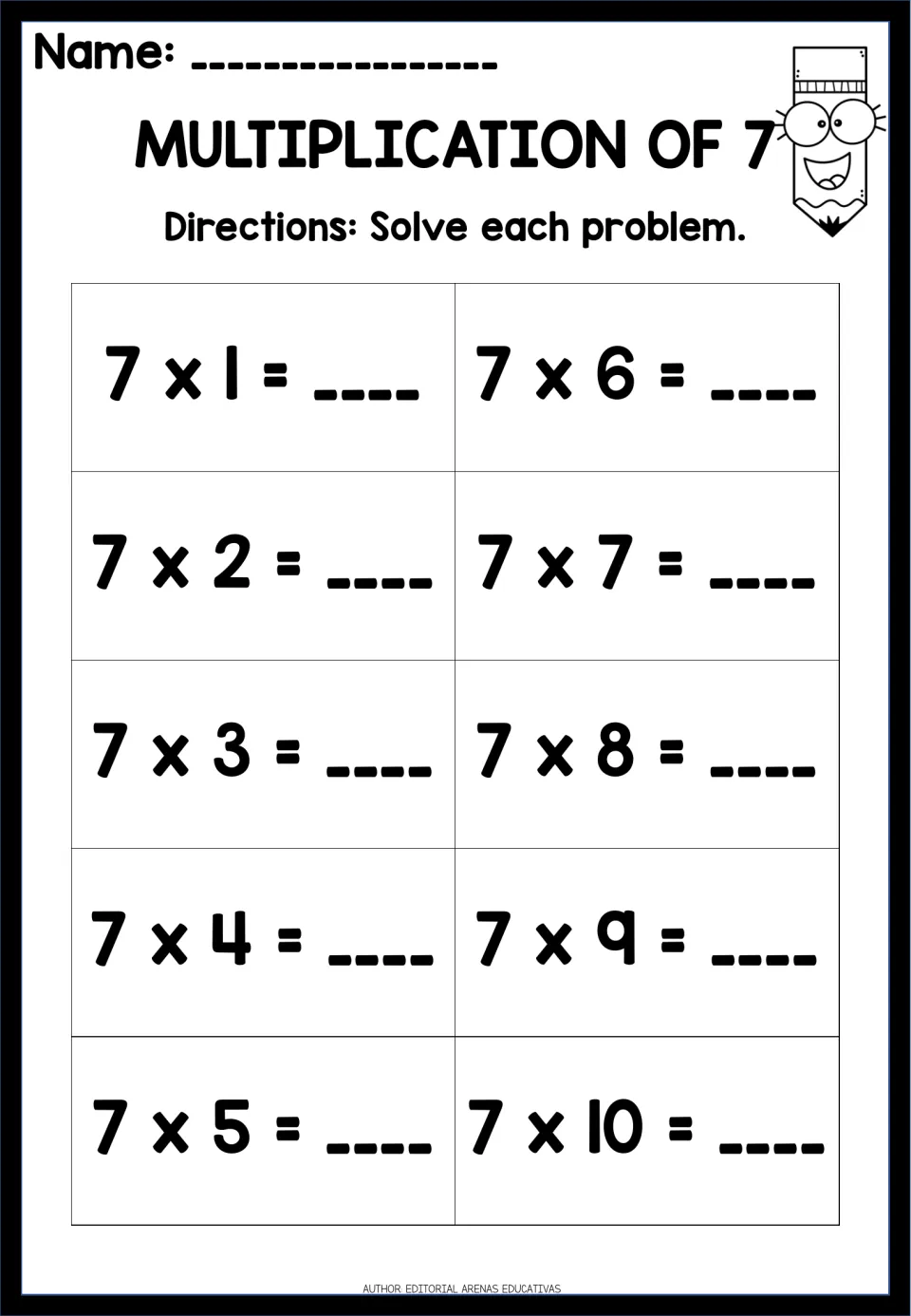 Multiplication of 7: students solve ten facts, 7 x 1 through 7 x 10, writing each product on the blank line